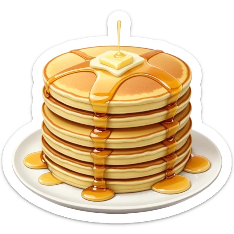 Cinematic fluffy golden pancakes, stacked high, drizzled with maple syrup, topped with fresh butter melting on top, light dusting of powdered sugar, warm and inviting, soft glow and mouthwatering. sticker