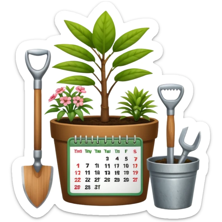 calendar icon with garden tools near and plant. Transparent background sticker