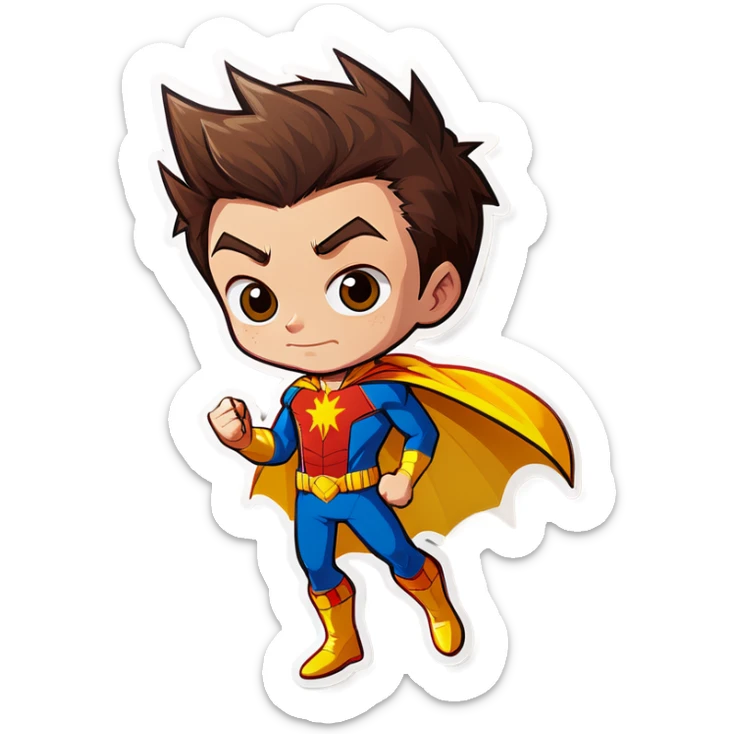 Superhero boy with brown hair, yellow spikes on his back, and can shoot webs with his hands sticker
