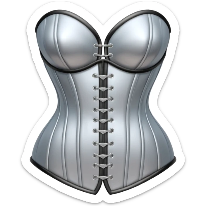 A luxury corset emoji made of silver chrome, smooth metallic curves, minimal fashion silhouette, glossy reflections, sensual high-end aesthetic, iOS emoji style, centered, clean white background sticker