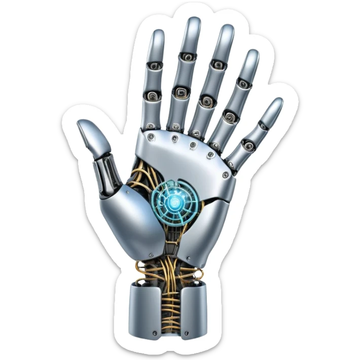 An icon inspired by Da Vinci’s 'The Creation of Adam', featuring a robotic hand reaching out to touch a human hand, symbolizing artificial intelligence. The design includes neural networks, glowing circuits, and a holographic brain. Transparent background sticker