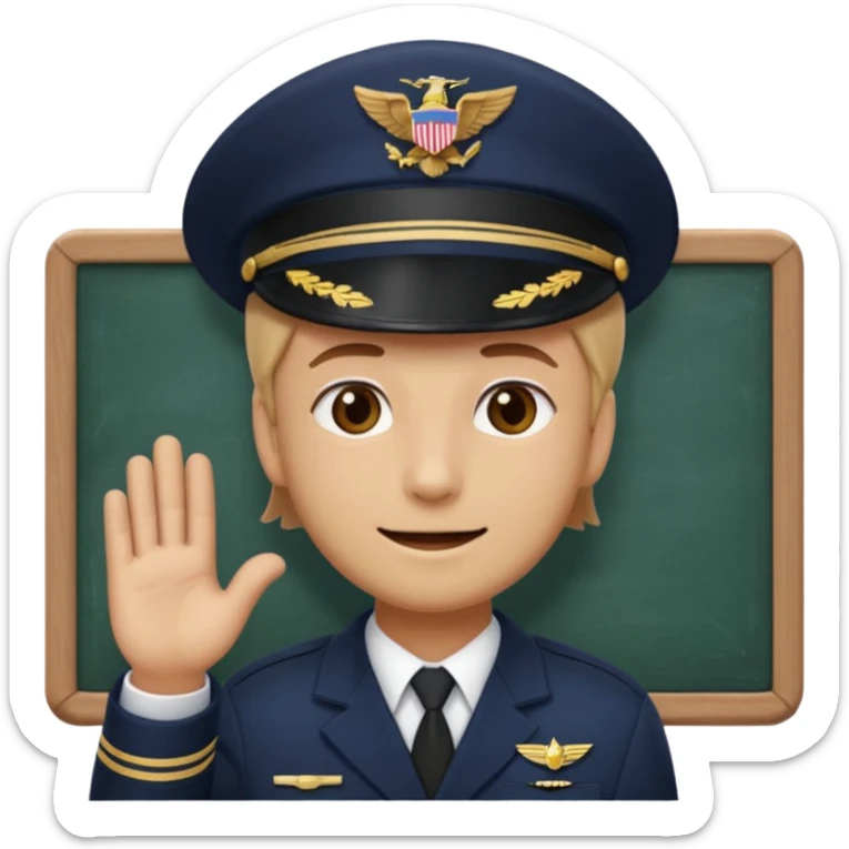 Slack-style emoji of a pilot wearing a navy captain hat holding a blackboard with the text "WIP" on it sticker