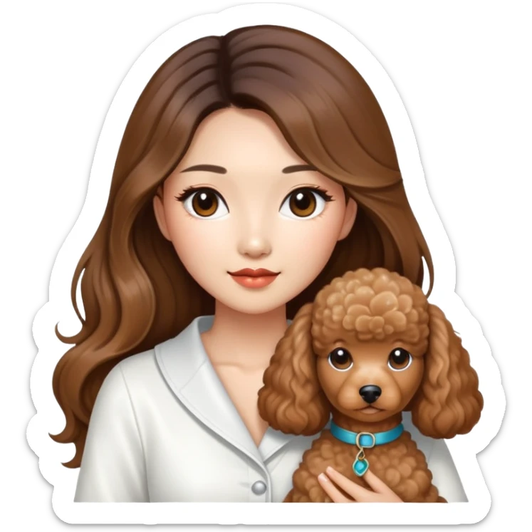 a asian lady with long balayage hair with highlights, long lashes, holding a brown poodle, wearing white outfit sticker