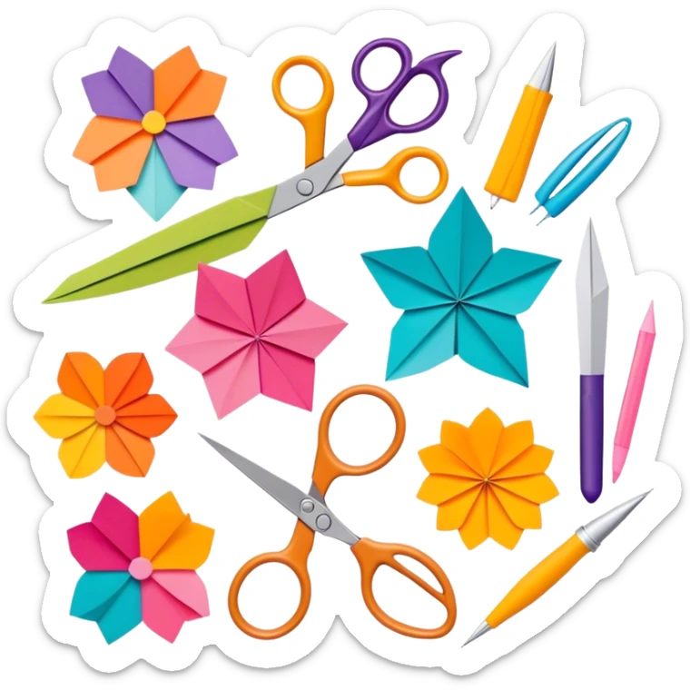 Paper crafting icon, various paper crafts like origami, paper flowers, and scrapbooking materials, visible tools such as scissors, glue stick, and paper sheets, colorful paper patterns, minimalistic style, clean lines, transparent background. sticker