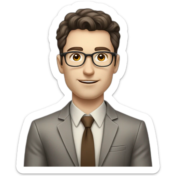 Pale skinned fit man with dark brown hair in gray jacket, beige office shirt, brown tie, brown pants and vintage glasses Writing on the flipchart sticker