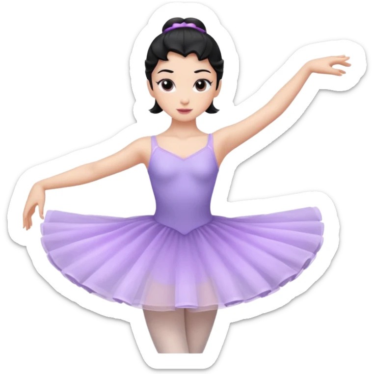 Cinematic Light Purple Ballerina Portrait Emoji, rendered in a realistic, vector-style with minimal shading.  with porcelain skin, smooth deep black hair falling in soft waves, and calm, inviting eyes. sticker