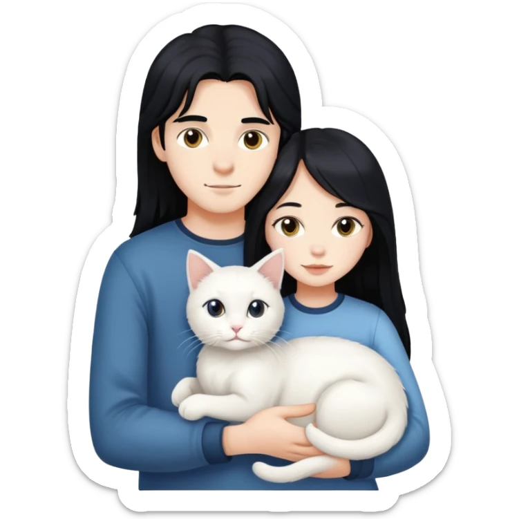 A young boy and a girl with long black hair holding a white cat sticker