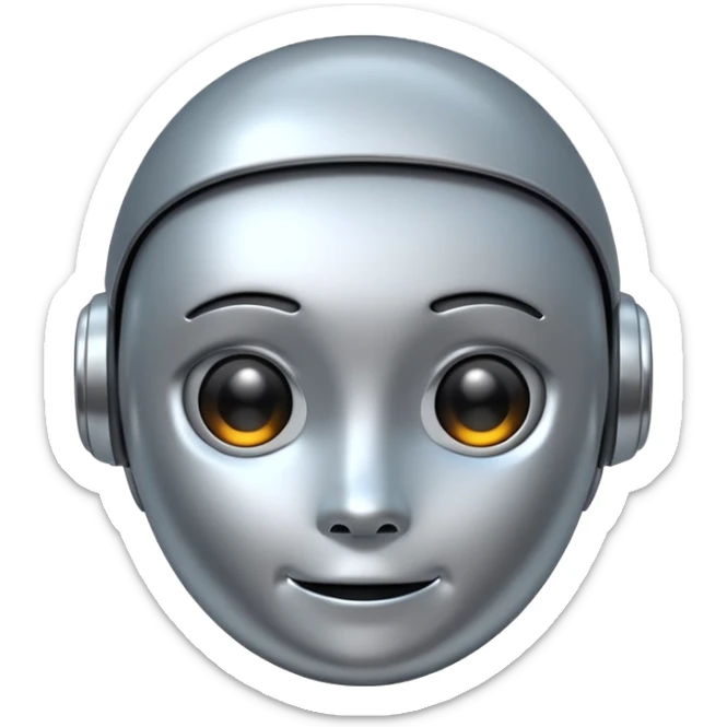 A cute futuristic robot emoji made of silver chrome, rounded friendly body, minimal facial features, glossy metallic surface, soft reflections, iOS emoji style, centered, clean white background sticker