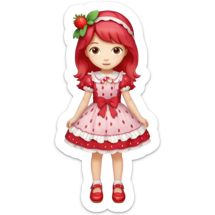 pretty and cute realistic strawberry shortcake full body with red shoes standing anime sticker