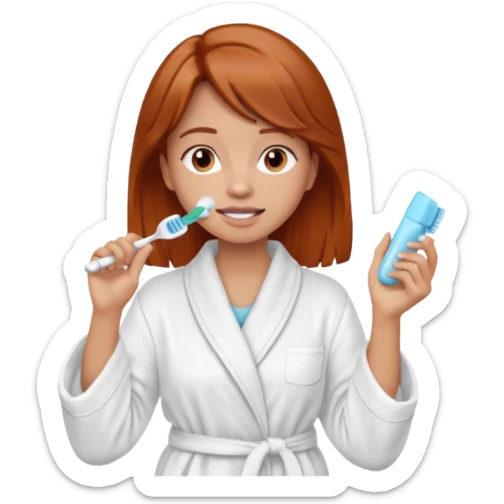 A reddish-brown-haired girl, newly awakened in the morning, is getting ready for work, brushing her teeth. sticker