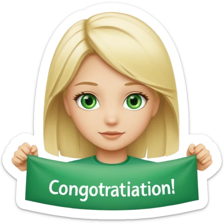 A banner that says ‘CONGRATULATIONS’ And a blonde green eyed girl under it sticker