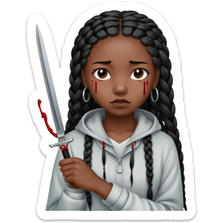 black girl with long black box braids cutting her wrists with a small blade and bleeding from it, her expression peaceful but sad sticker