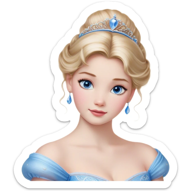 Cinematic Realistic Cinderella Portrait, depicted with lifelike skin texture, subtle rosy undertones, and soft natural lighting that enhances the gentle contours of her face. Her intricately detailed golden blonde hair is elegantly styled in an updo, with delicate wisps framing her face for added realism. Her deep, expressive blue eyes radiate warmth and sincerity, reflecting a quiet resilience and grace. She is dressed in her iconic ball gown, the fabric shimmering with intricate embroidery and fine translucent layers that catch the light beautifully. The soft sheen of satin gloves and the delicate sparkle of a glass-like slipper peeking from beneath her dress add a touch of magical realism. The portrait features an enchanting glow with a natural, luminous finish, seamlessly blending realism and fairytale charm to evoke a sense of depth, elegance, and timeless beauty. sticker