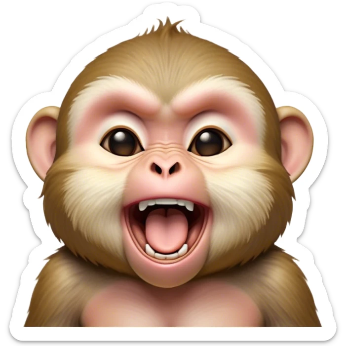 Cinematic Cute Yawning Macaque Portrait Emoji, Head tilted slightly with a dramatic, wide-open yawn, showcasing a gently textured face with half-closed, sleepy eyes and an open, relaxed mouth, Simplified yet irresistibly adorable features, highly detailed, glowing with a soft, cozy glow, high shine, relaxed yet expressive, stylized with a dash of whimsical charm, soft glowing outline, capturing the essence of a drowsy yet affectionate primate that appears ready to stretch out for a nap! sticker