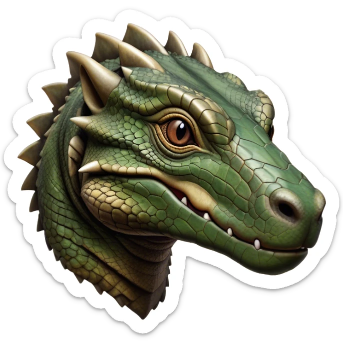 Cinematic Realistic Noble Komodo Dragon Portrait Emoji, Poised and imposing, with a massive, rugged build and a weathered, intricately scaled hide in earthy olive and dark tones, a distinct, powerful head with sharply defined features and piercing eyes, rendered in lifelike detail with natural texture and shadow, high shine, intelligent and formidable, styled with an air of ancient reptilian authority, focused and attentive, soft glowing outline, capturing the essence of a watchful and commanding Komodo dragon that appears ready to emerge from the screen with raw power! sticker