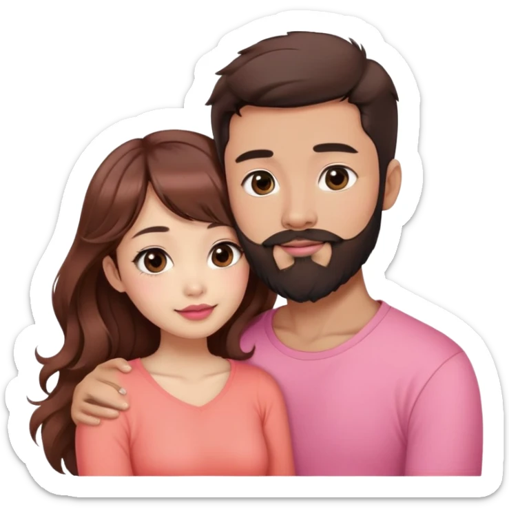 handsome asian man with beard, hugging cute woman with light tan skin, big black eyes, long wavy reddish brown hair, bangs, pink top, coral lipstick sticker