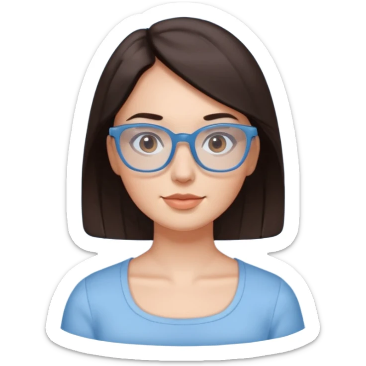 mujer de 30 años, cabello marron oscuro, anteojos cuadrados BLANCOS, top celeste escote cuadrado, piel blanca, cara redonda sticker
