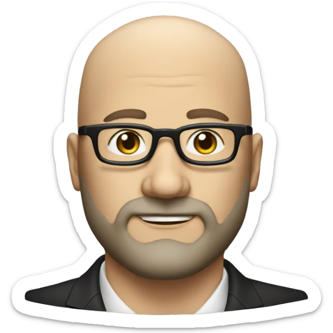 Bust of a 45 year old white bald man with black thick glasses with a short beard and a formal suit. sticker