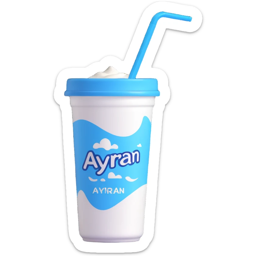 A small carton of Turkish yogurt drink (ayran) with a straw, white and blue packaging sticker
