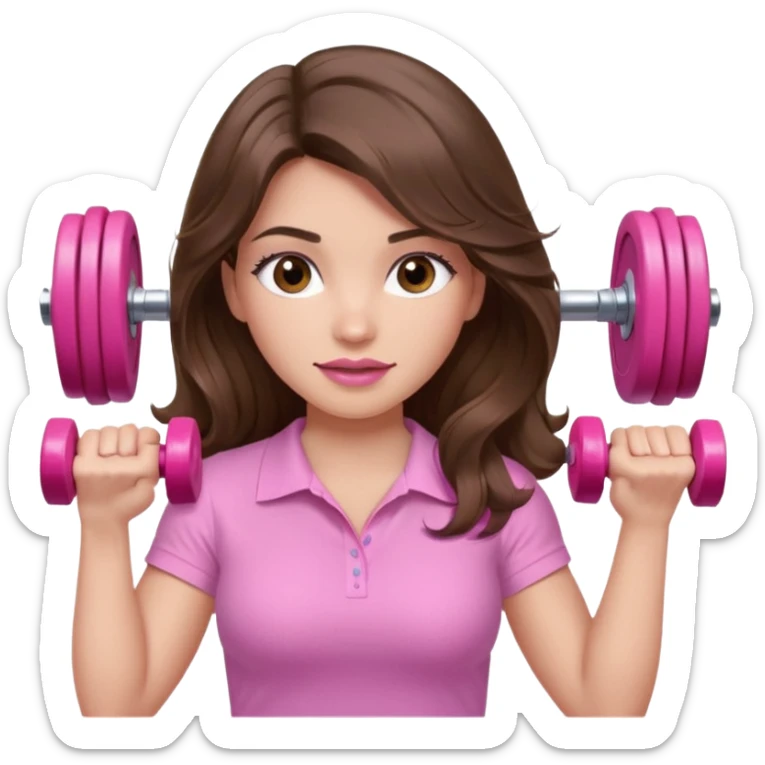 girl with wavy long brown hair, brown eyes, light to medium complexion, long lashes, light pink lipstick, wearing light pink shirt, lifting a pink dumbell weight sticker