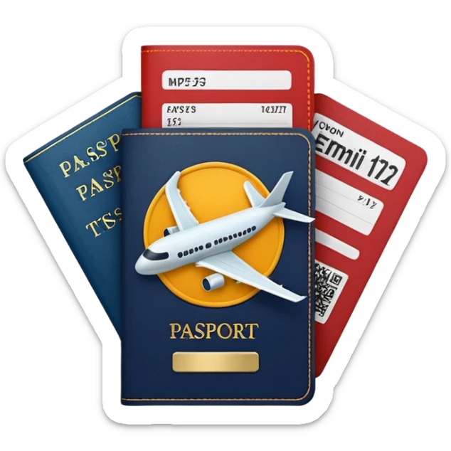 passport with visible airplane tickets, Apple emoji style, colors #173e12 and #c1a793, no text, minimalist sticker