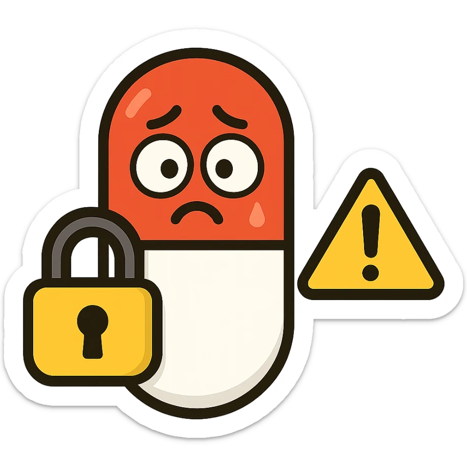 flat toon style cartoon icon of a red medicine capsule with a padlock, anxious eyes, warning sign sticker