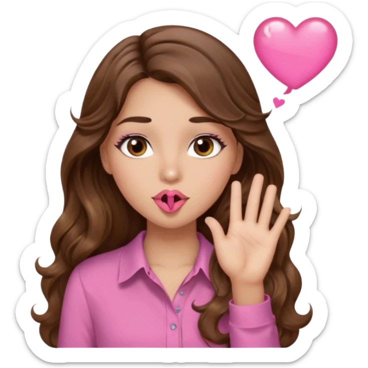 girl with long wavy brown hair, brown eyes, light to medium complexion, in a pink shirt, long lashes, blowing a kiss sticker