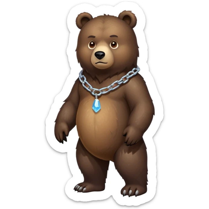 Very dark brown bear in full body view on all four legs, highly realistic fur texture, serious expression, full-length view with ice chain around neck sticker