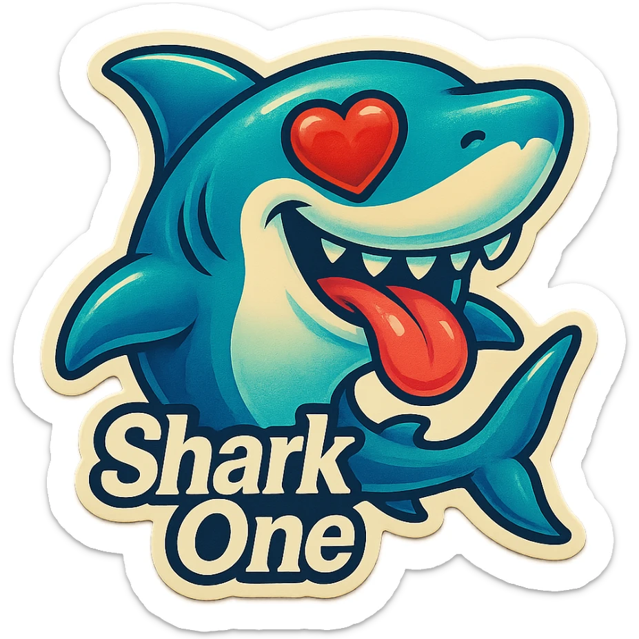 tongue out heart shaped eye add the words “ Shark One " in White sticker