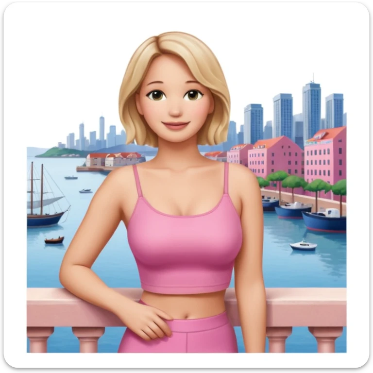 jennifer lawrence, pink crop top leaning on a balcony with a harbor and cityscape in the background, smiling sticker