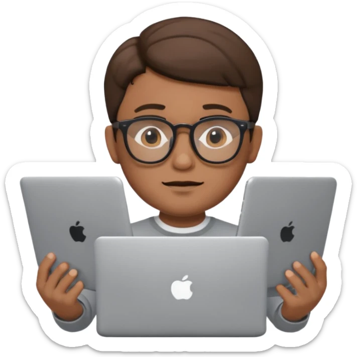 male memoji, man with glasses, laptop in hands, focused expression, smart vibe sticker