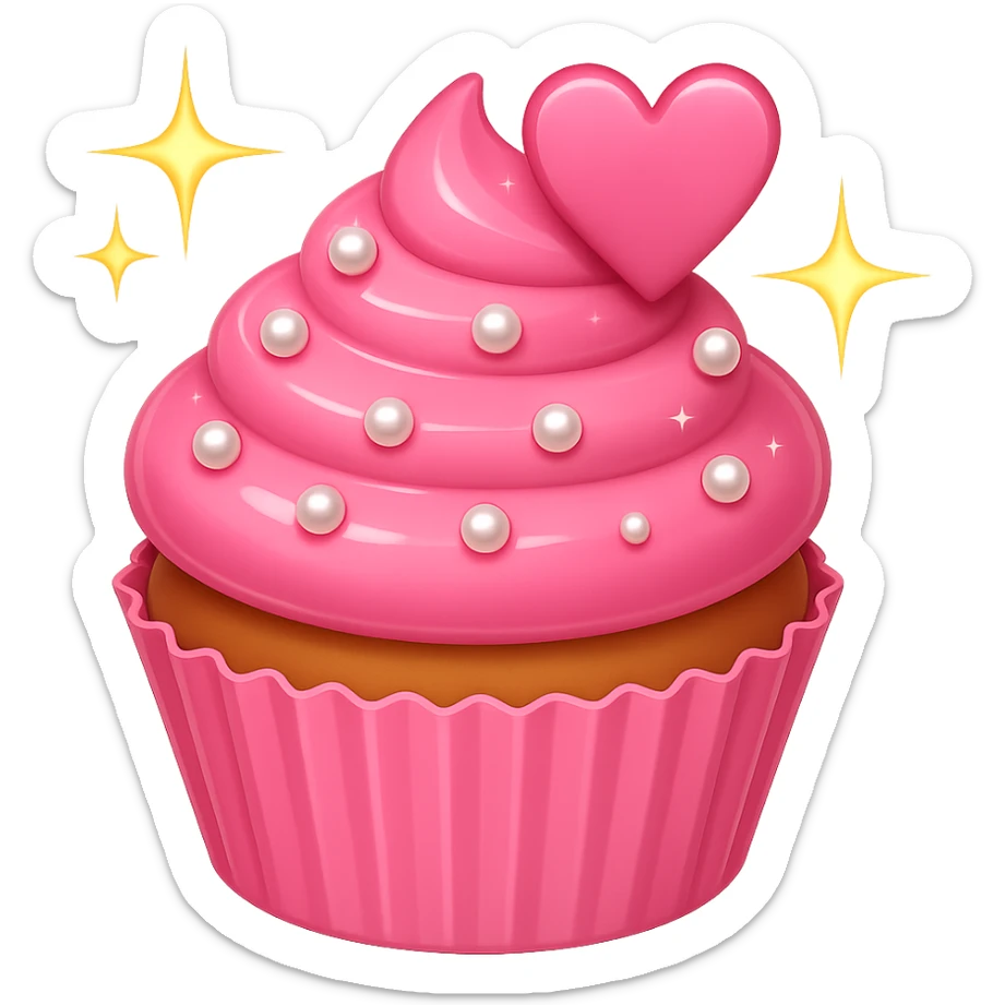 Make the cupcake pink with pearls and sparkles in emoji style, no background. The style should resemble apple style emojis with a clean and concise look. sticker