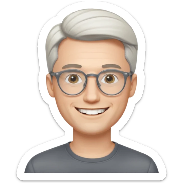 30 yr old pale white man, white/grey side swept stylish hair, round glasses, big smile, white teeth, handsome, longer hair, thin glasses,  smooth forehead, open collar, trendy sticker