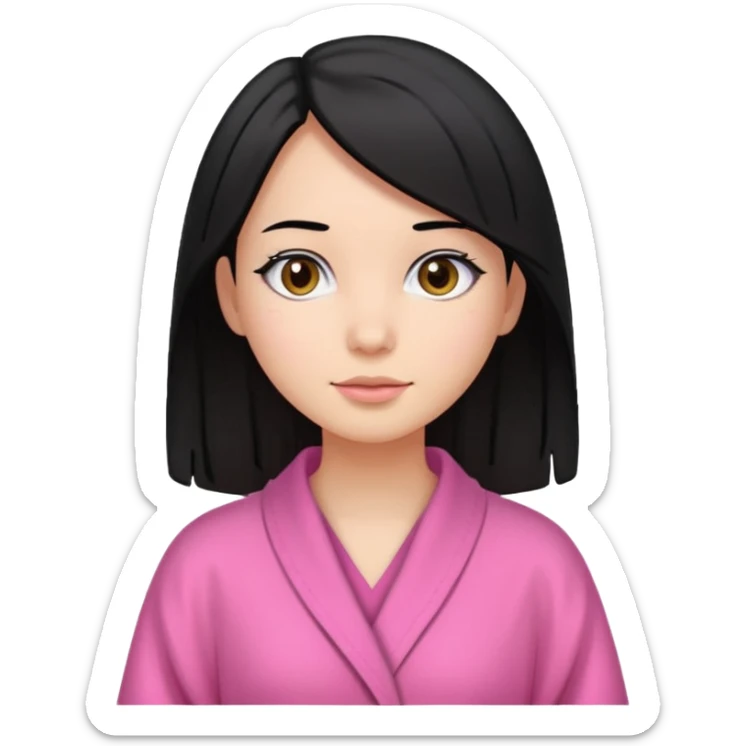 A girl who has black hair (straight but slightly wavy at the end), has a medium to bright skin tone, wearing a pink robe sticker