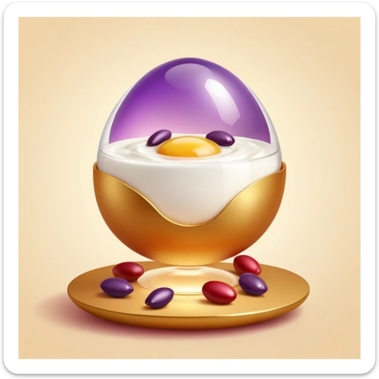 Floating orb of warm light containing mini bright icons: red meat, golden egg, purple beans, translucent tofu block and yogurt glass, slowly rotating around a radiant body figure that radiates strength and balance sticker