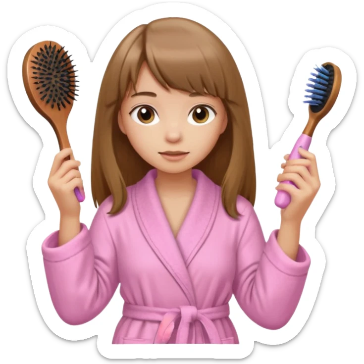 a girl with light skin and medium brown long hair with bangs who is brushing her hair with a hairbrush and she is wearing a light pink bathrobe sticker