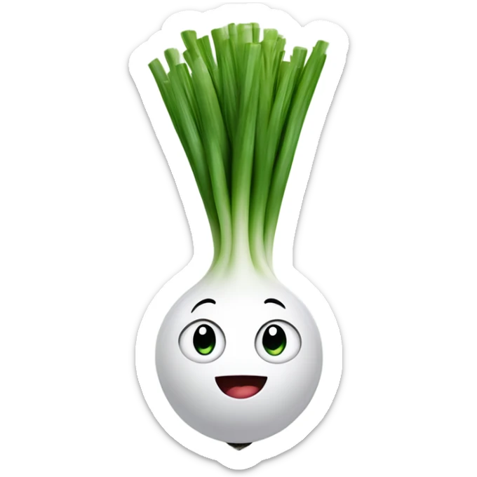 Smiling green onion with a bundle of long, thin green stalks as hair, big expressive eyes, and a cheerful cartoonish face on the white bulb section. Vibrant and playful design. sticker