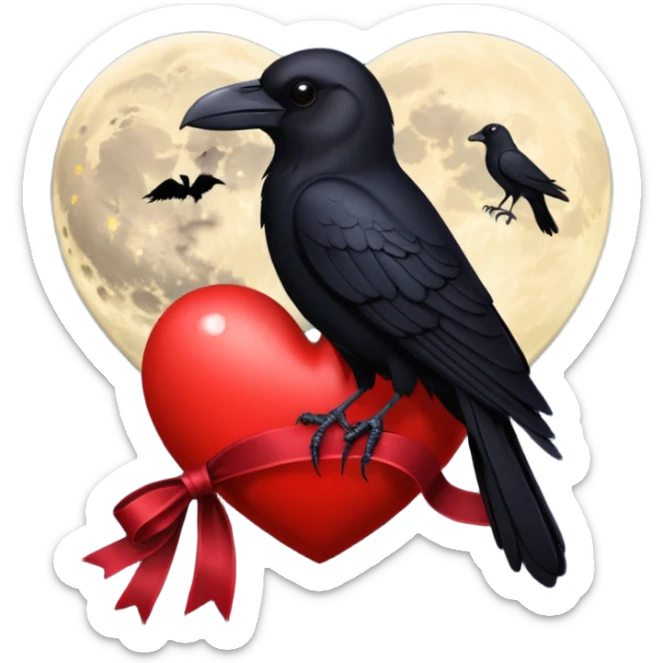 red heart with a black raven, moon, and velvet ribbon, dark romance sticker