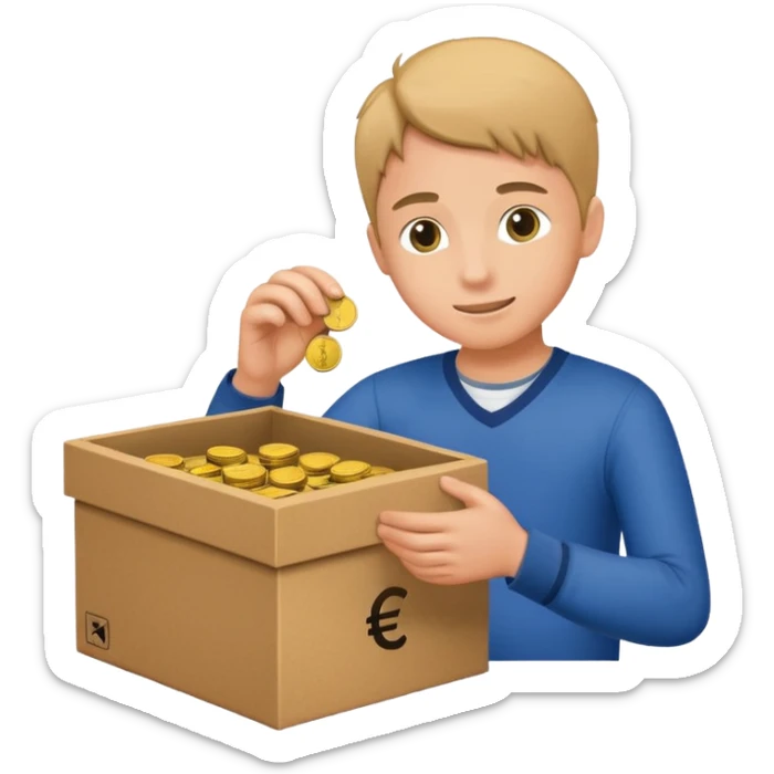 A box of money 💶  A euro icon €  Students putting coins into the box sticker
