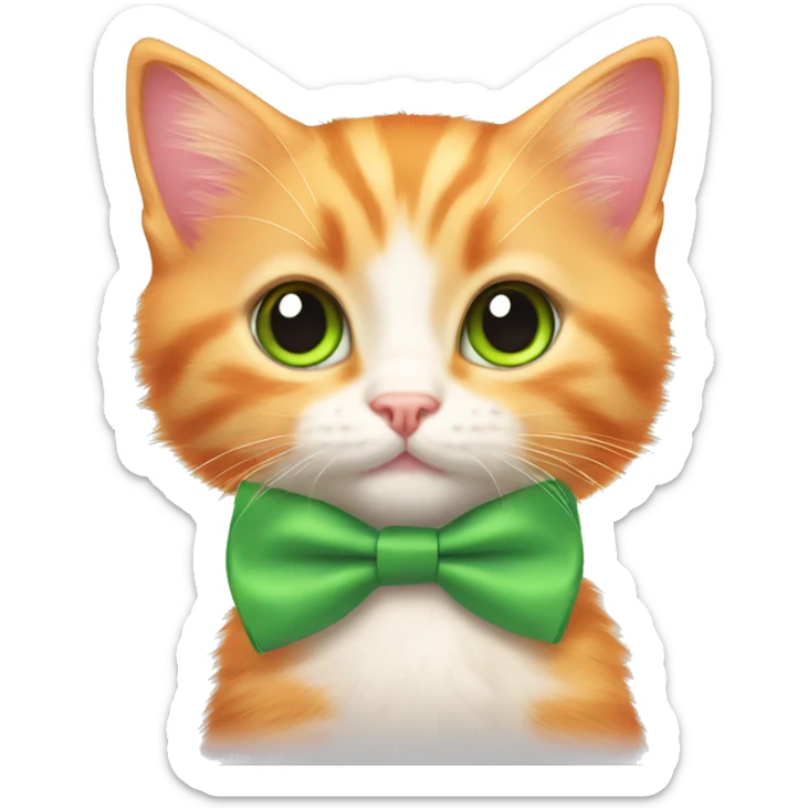 Orange kitten sitting down and a pink bow tie around his neck and has green eyes sticker