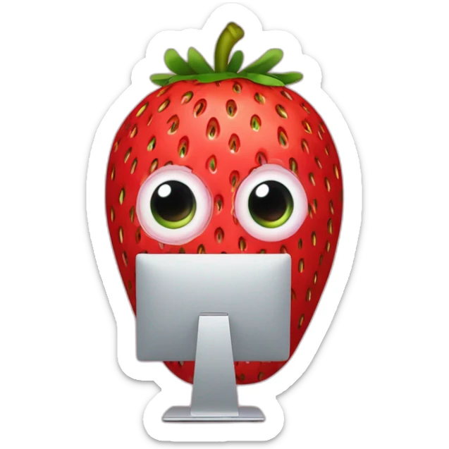 a strawberry with the body of a man with eyes a mouth a nose and everything else the strawberry is in front of a computer with a mask that hides his eyes so that we don't recognize his face sticker