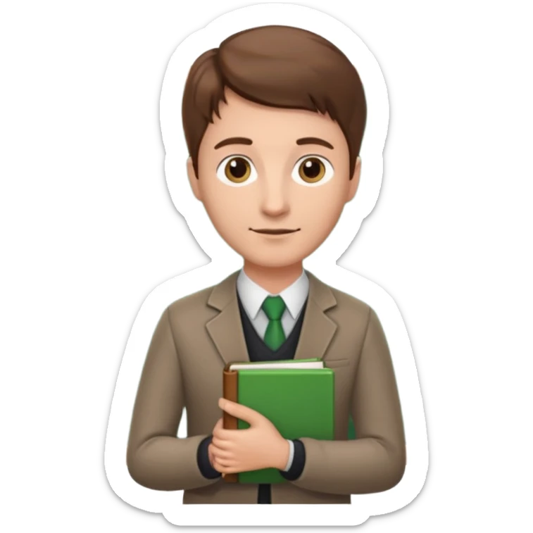 The standing Teacher has a book in his hand and a green board behind him. sticker