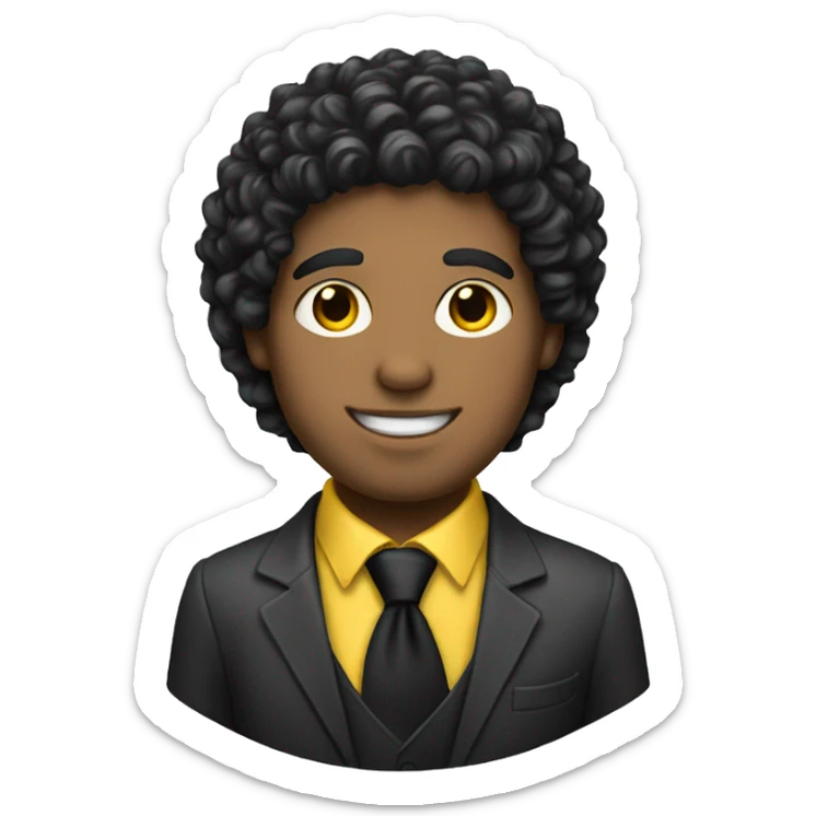 White man with black curly hair, wearing a yellow tie holding a cat sticker