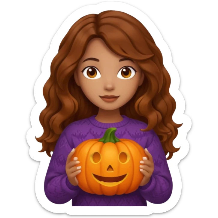 Cozy mixed girl with long wavy brown hair dressed for fall holding a pumpkin  sticker