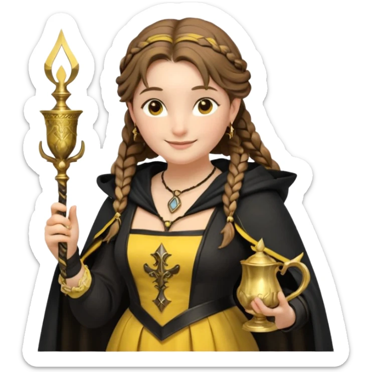 Helga Hufflepuff,the Hogwarts founder of Hufflepuff,brown-haired,2braids,yellow-black medieval dress with black cloak decorated with gold braiding,flickering magic wand and tiny two-handled shiny gold cup engraved with the badger silhouette,very kind smile,curvy busty sweet sticker