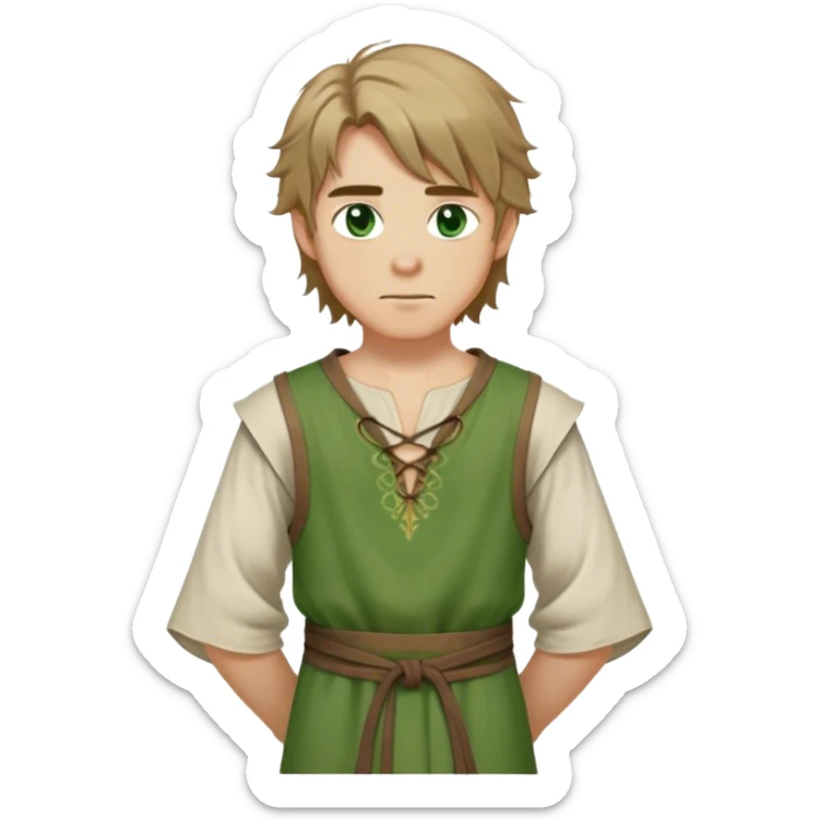 medieval summer outfit worn by a DnD themed fantasy male character. lightweight flax tunic with no sleeves and a simple tied neckline. clothes only above the waist. The clothes full waist. The character's haven't arms. character is white-skinned, dark blonde hair, green eyes, shoulder-length messy hair. sticker