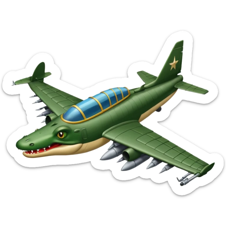 Un cocodrilo con cuerpo de avion de gerra y que el avion sea negro sticker