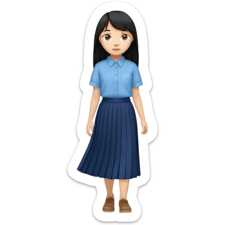 hair : black long hair with fringe 
skin : light 
cloth : oversize light blue shirt + navy long long skirt 
motion : walking  sticker