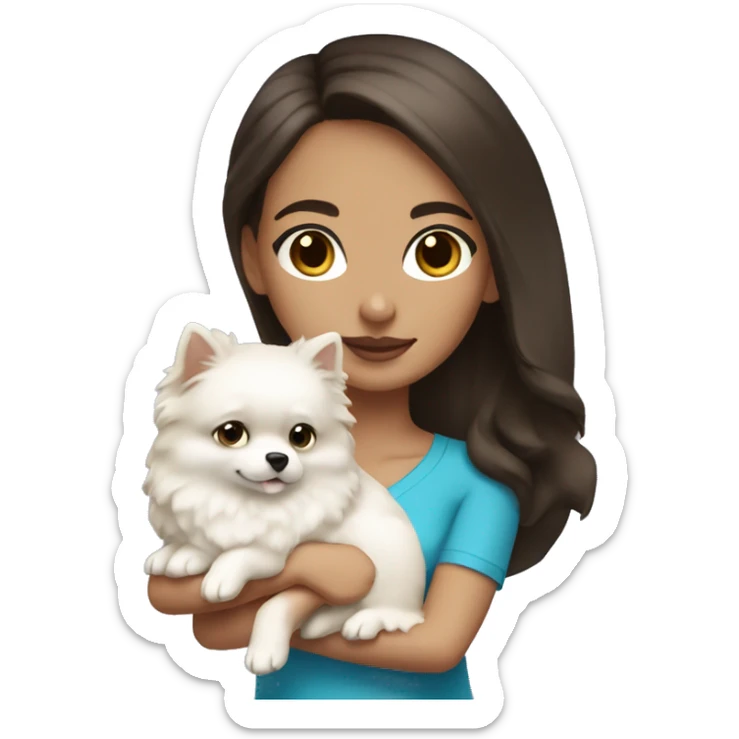 Brunette girl with light skin and Blue eyes holding a white pomeranian  sticker