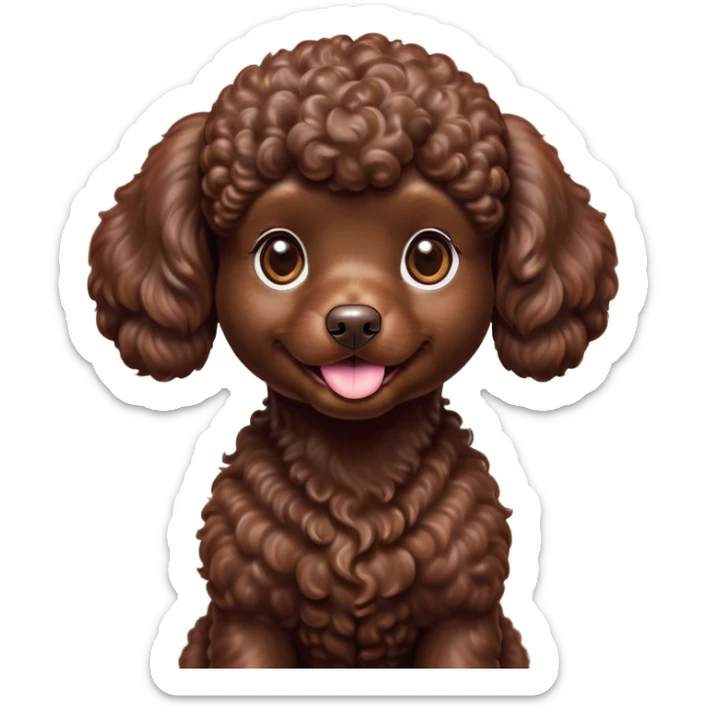 Cinematic Cute Chocolate Poodle Portrait Emoji, Head tilted playfully and inquisitively, showcasing a bouncy, curly chocolate Fur with a healthy sheen, round, sparkling brown eyes filled with curiosity, Simplified yet irresistibly adorable features, highly detailed, glowing with a warm, friendly glow, high shine, affectionate and lively, stylized with a touch of whimsy, bright and endearing, soft glowing outline, capturing the essence of a mischievous yet loving companion, so playful it feels like it could bounce out of the screen and into your arms! sticker